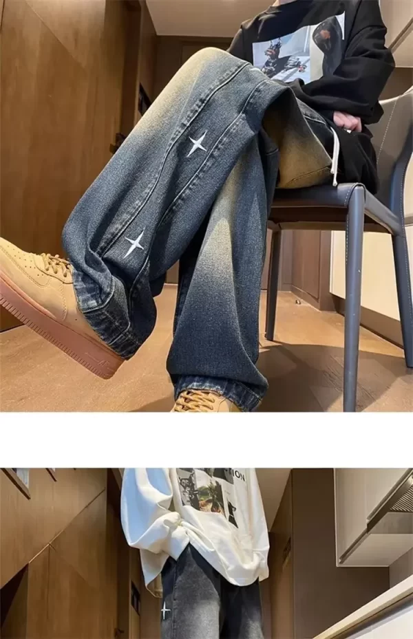 Vintage Embroidered Star Gradient Jeans Men's Loose Fit Straight Leg Wide Leg Long Pants Casual Trendy Street Style - Image 13
