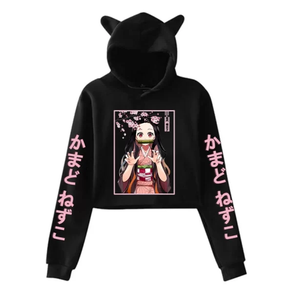 New Fashion Women Girl Hoodie Kamado Nezuko Long Sleeve Cat Ear Streetwear Pullover Harajuku Anime Short Tops - Image 2