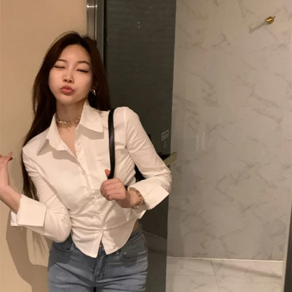 Korean White Office Women Chiffon Shirt Pocket Button Lapel Ladies Blouse Spring Commuter Long Sleeve New Female Crop Tops - Image 11