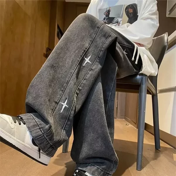 Vintage Embroidered Star Gradient Jeans Men's Loose Fit Straight Leg Wide Leg Long Pants Casual Trendy Street Style