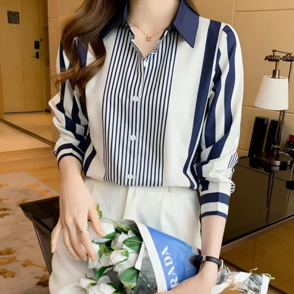Women's Shirt Blue Striped Blouses for Women Long Sleeve Top Women Button Up Polo Neck Clothes Female 2023 Fashion Leisure Shirt - Image 2